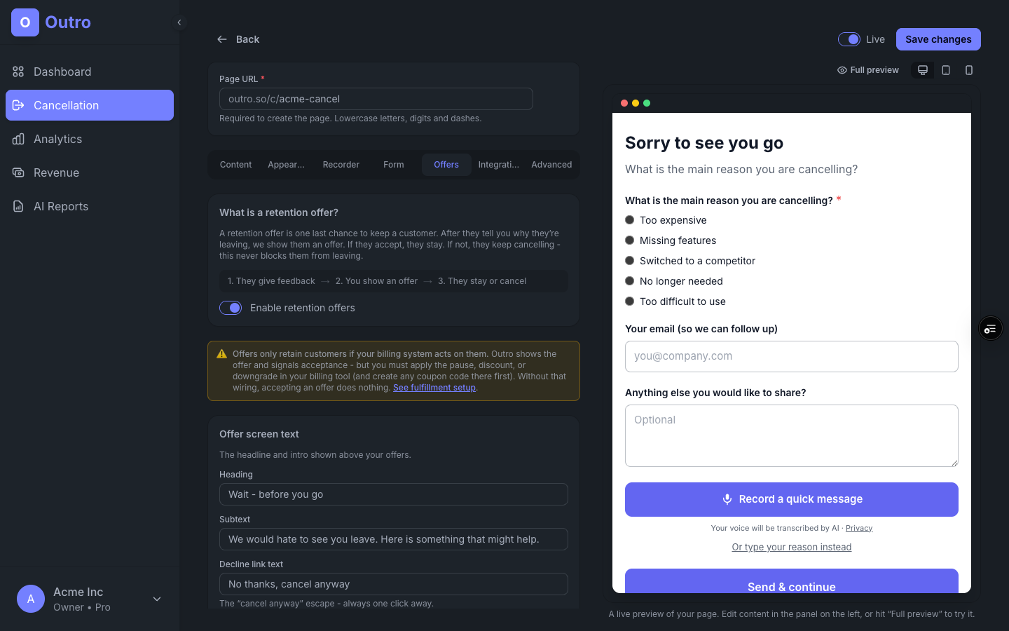 Retention offers editor